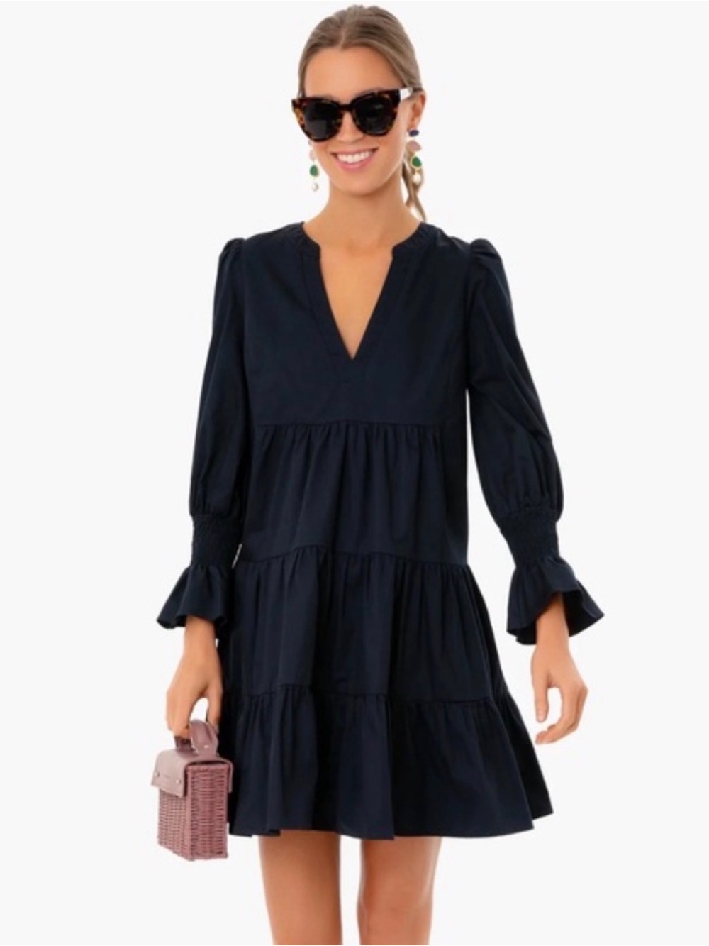 Tuckernuck Navy Long-Sleeve Tiered V-Neck Dress